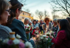 Community members honoring the memory of lost loved ones with flowers and candles.