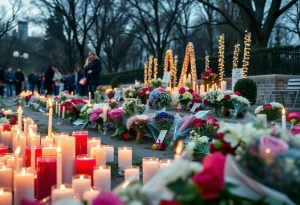 Outdoor gathering for a memorial service with candles and flowers
