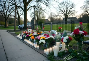 Memorial setup in a community park for mourning and remembrance.