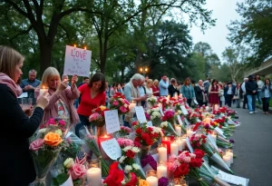 People gathering in remembrance with flowers and candles in a park