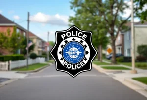 Illustration of a police badge against a neighborhood backdrop.