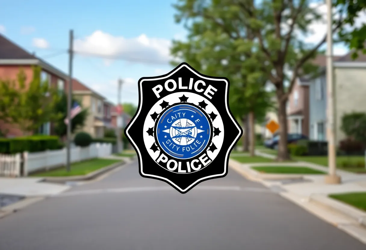Illustration of a police badge against a neighborhood backdrop.
