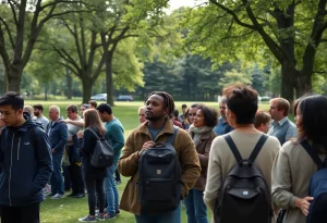 Community members searching for a missing woman in a park