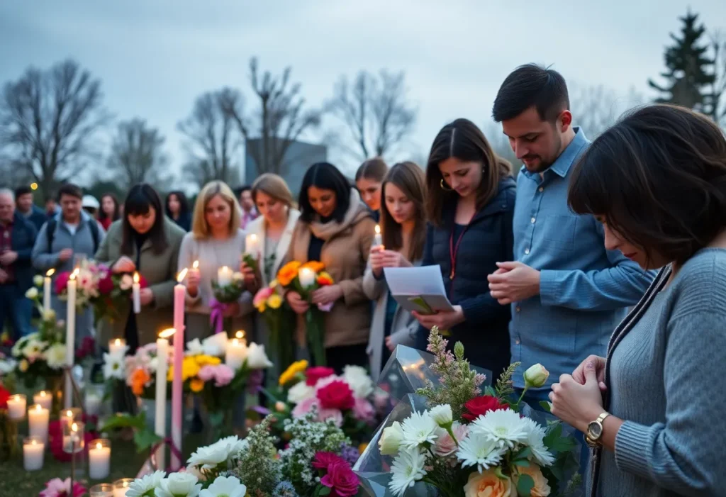 Community members gathering in remembrance with flowers and candles