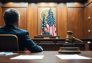 A courtroom with a judge presiding over a wage dispute case