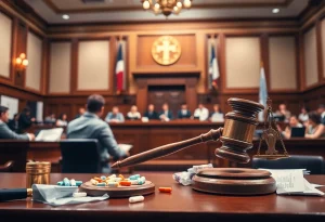 A courtroom setting representing a legal challenge regarding drug pricing laws