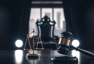A courtroom scene with a gavel and legal scales