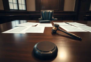 Empty attorney's chair in a courtroom with legal documents