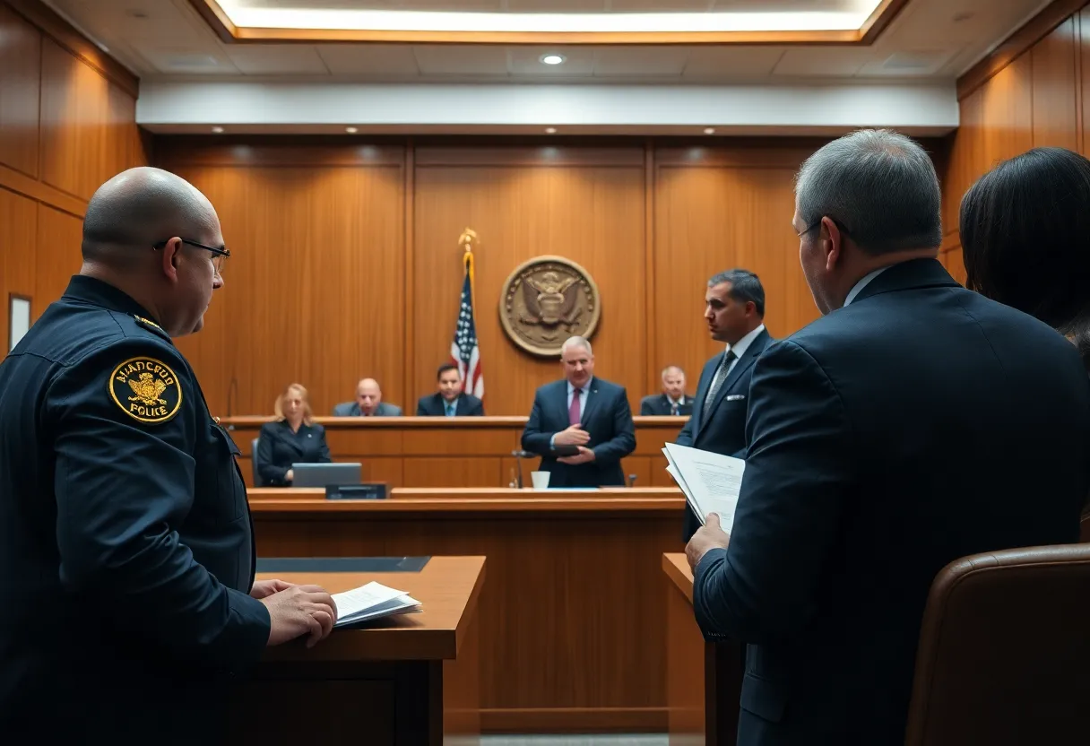 Courtroom scene focusing on law enforcement discussing a fraud case
