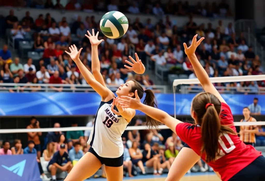 Women’s volleyball match between Creighton University and Marquette University, featuring players in action.