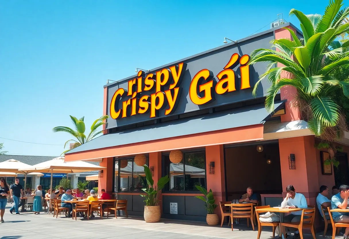 Exterior view of Crispy Gài restaurant with outdoor seating