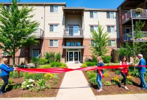 Modern supportive housing apartments with a ribbon-cutting ceremony.
