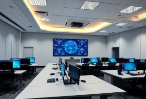 Modern cyber range classroom for cybersecurity training at Rhode Island College.