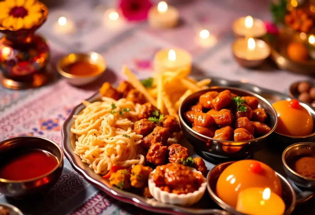 A colorful three-course meal showcasing Diwali cuisine at Little Chaska restaurant.