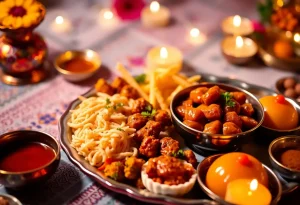 A colorful three-course meal showcasing Diwali cuisine at Little Chaska restaurant.