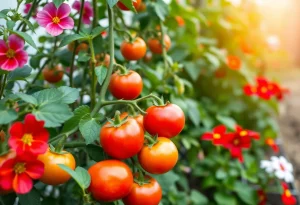 Vibrant garden with tomatoes and flowers symbolizing a cherished legacy.