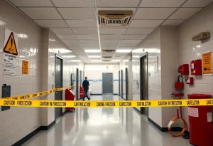 High school bathroom with safety warnings after an arson incident