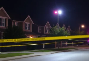 Scene of a townhouse community at night with police presence after a crash.