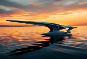 An electric seaglider flying over water at sunset.