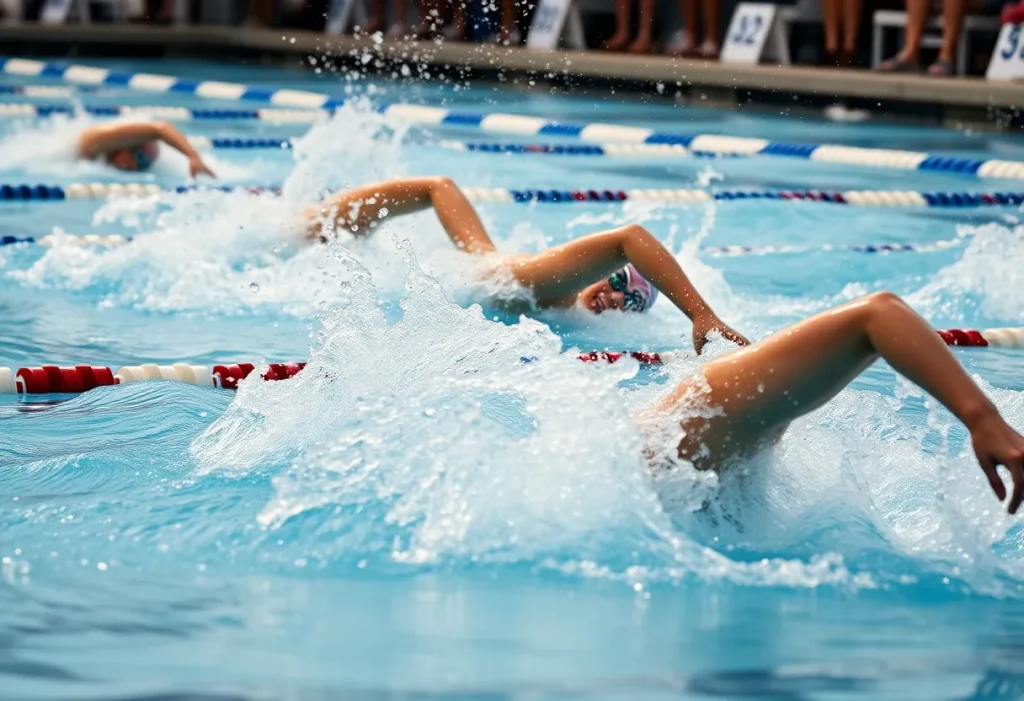Swimmers competing in a race at a swimming meet.