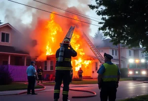 Firefighters responding to a house fire with smoke in the background