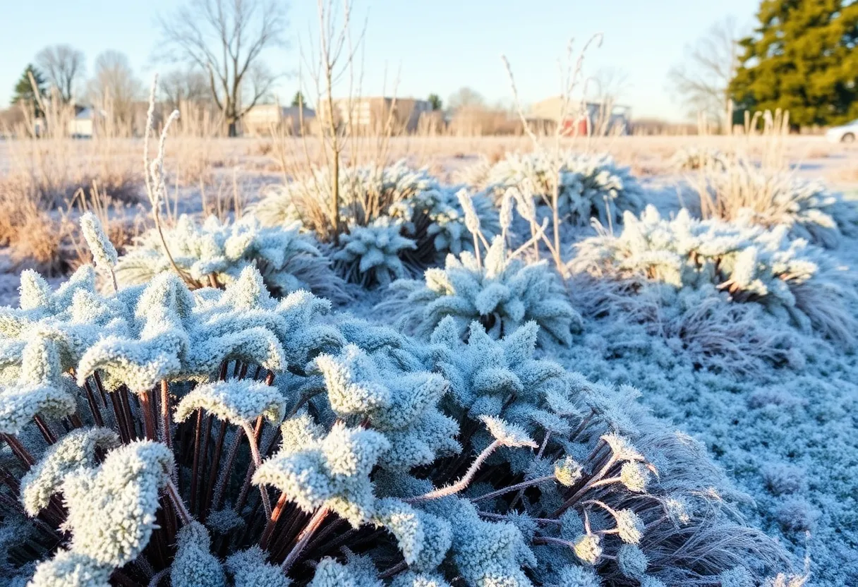 Frost-covered plants in Rhode Island gardens
