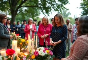 A serene gathering in honor of George J. Boitano with people reflecting on his life.