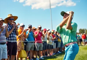 Young golfer celebrating a successful hole-in-one shot on a beautiful golf course.