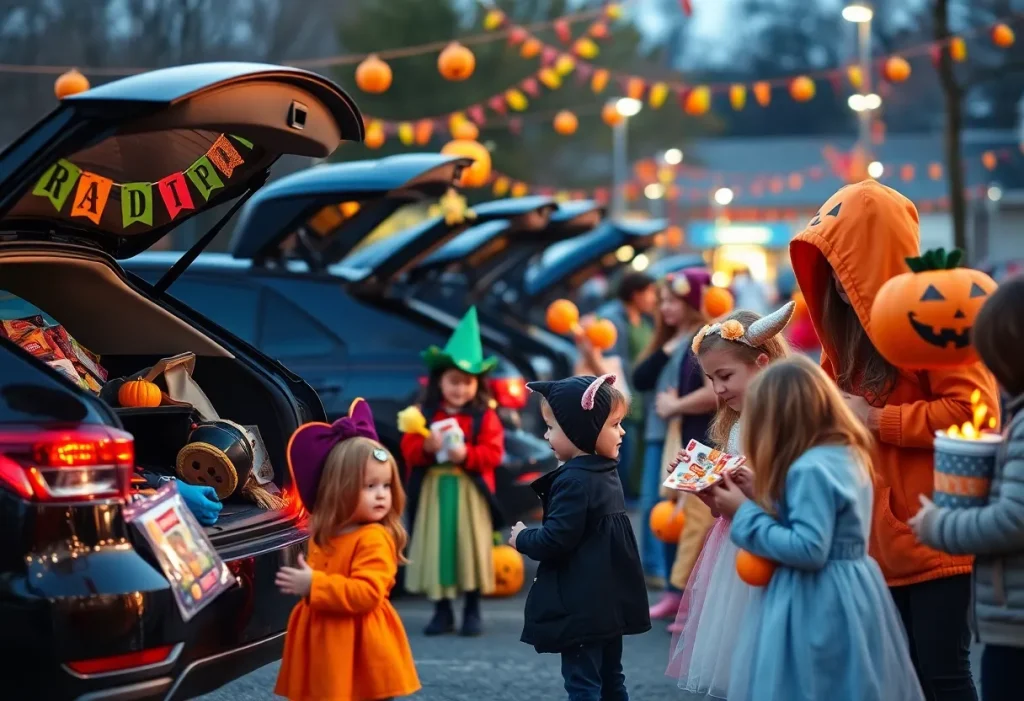 Families enjoying trunk-or-treat events during Halloween in Rhode Island.