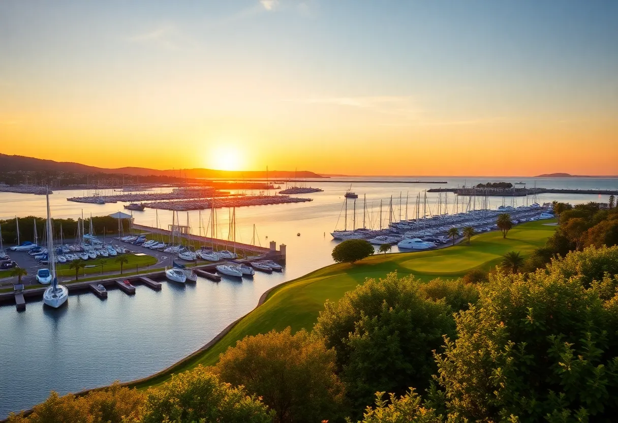View of Harbor Lights Marina at sunset with boats and golf course