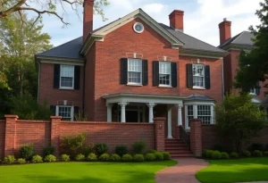 Exterior view of a historic Colonial home with brick architecture