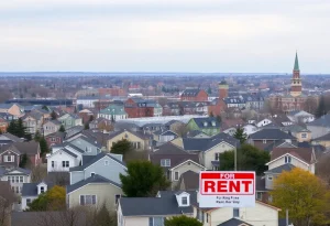 Urban landscape of Rhode Island showcasing dense residential buildings amidst a housing crisis.