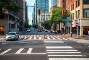 A city intersection showing pedestrian crosswalk and safety signage.