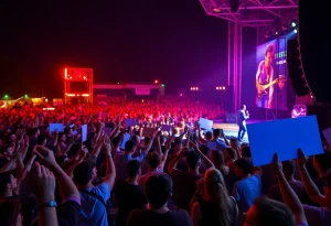 Concert scene with excited fans and stage lights