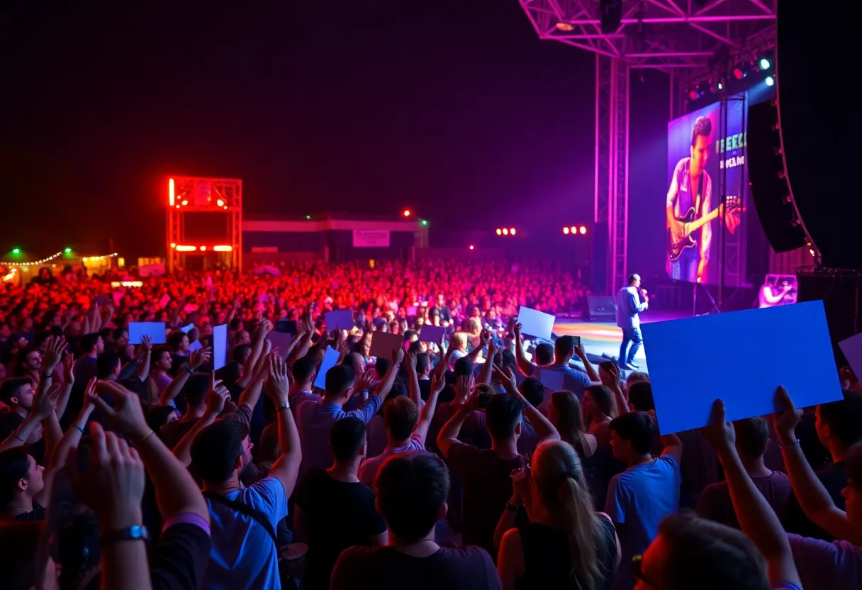 Concert scene with excited fans and stage lights