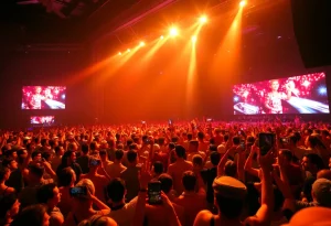A lively concert atmosphere filled with fans enjoying a performance.