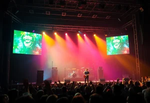 Vibrant stage for a pop concert with lights and crowd