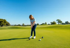 Junior golfer practicing on a green golf course