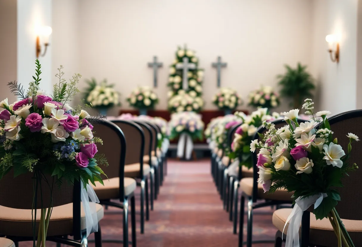 Funeral service setup with flowers and chairs