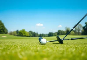 Lush golf course with clubs and balls