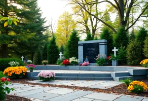 A peaceful memorial setting with flowers and nature