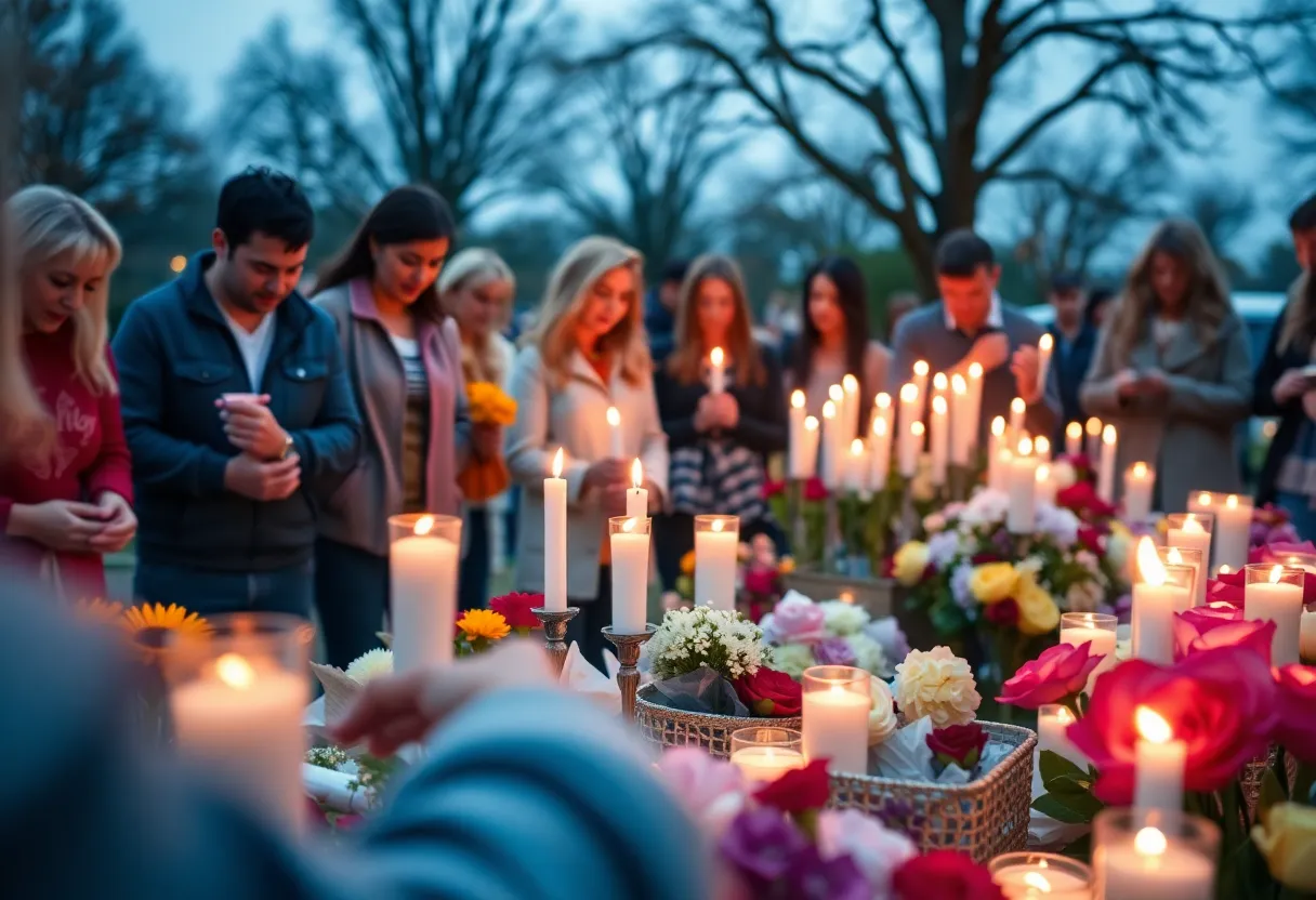 Candles and flowers in a community memorial for loved ones.