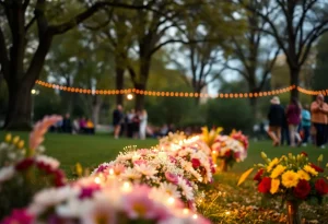 Community members paying tribute at a memorial