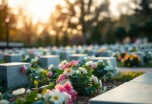 Memorial setup with flowers and soft lighting