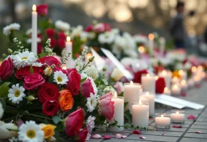 A peaceful memorial with flowers and candles