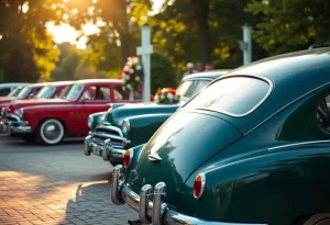A memorial scene honoring John Ricci with classic cars and flowers.