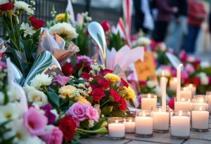 Memorial flowers and candles for Edward Arthur Langlais