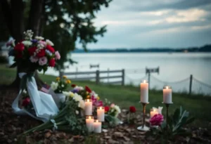 A tranquil scene depicting a memorial setup in Seekonk with flowers and candles.