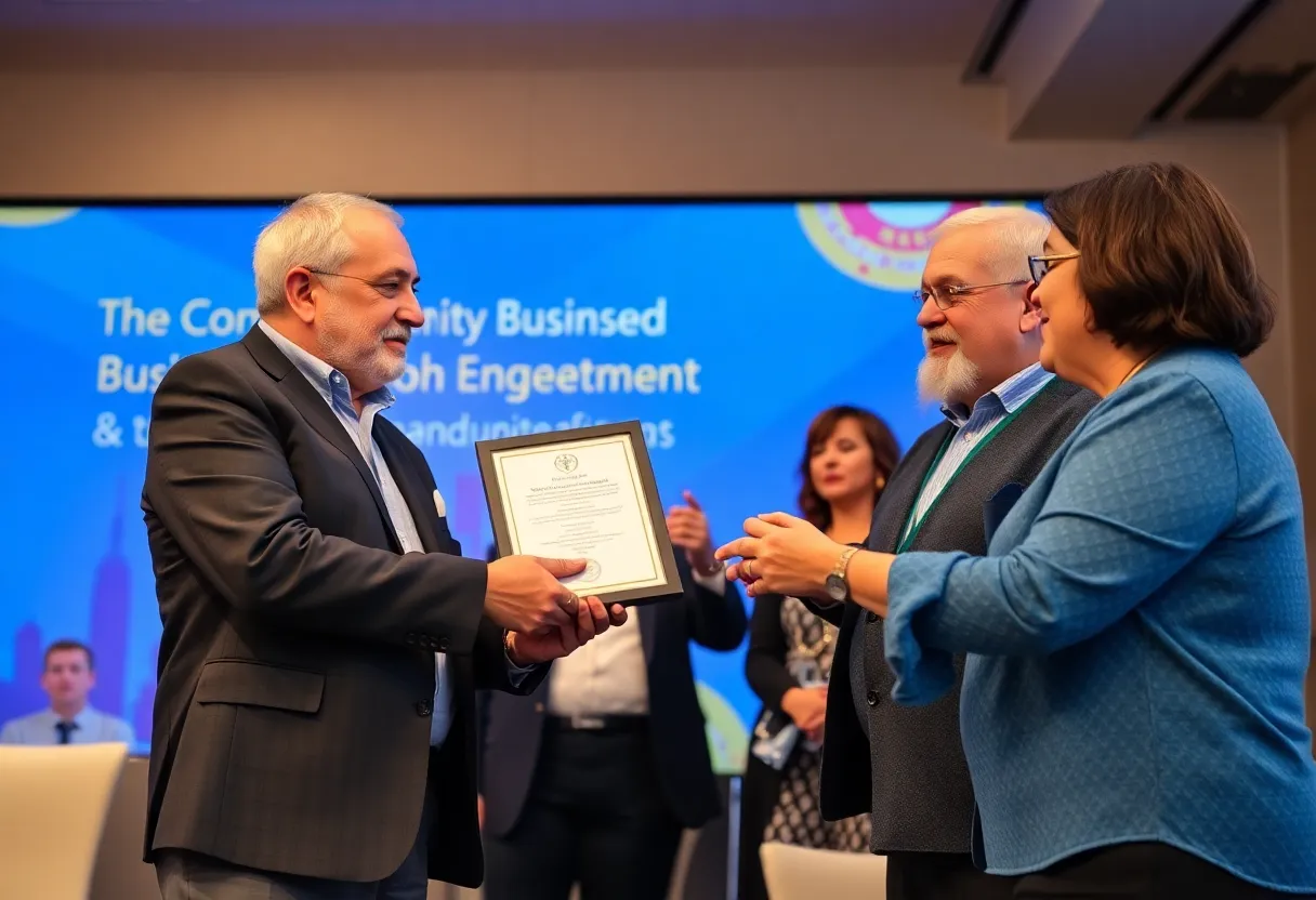 Local business owners receiving an award at a celebration event