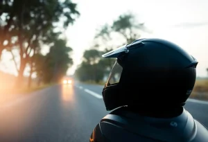 Road view with motorcycle helmet indicating safety